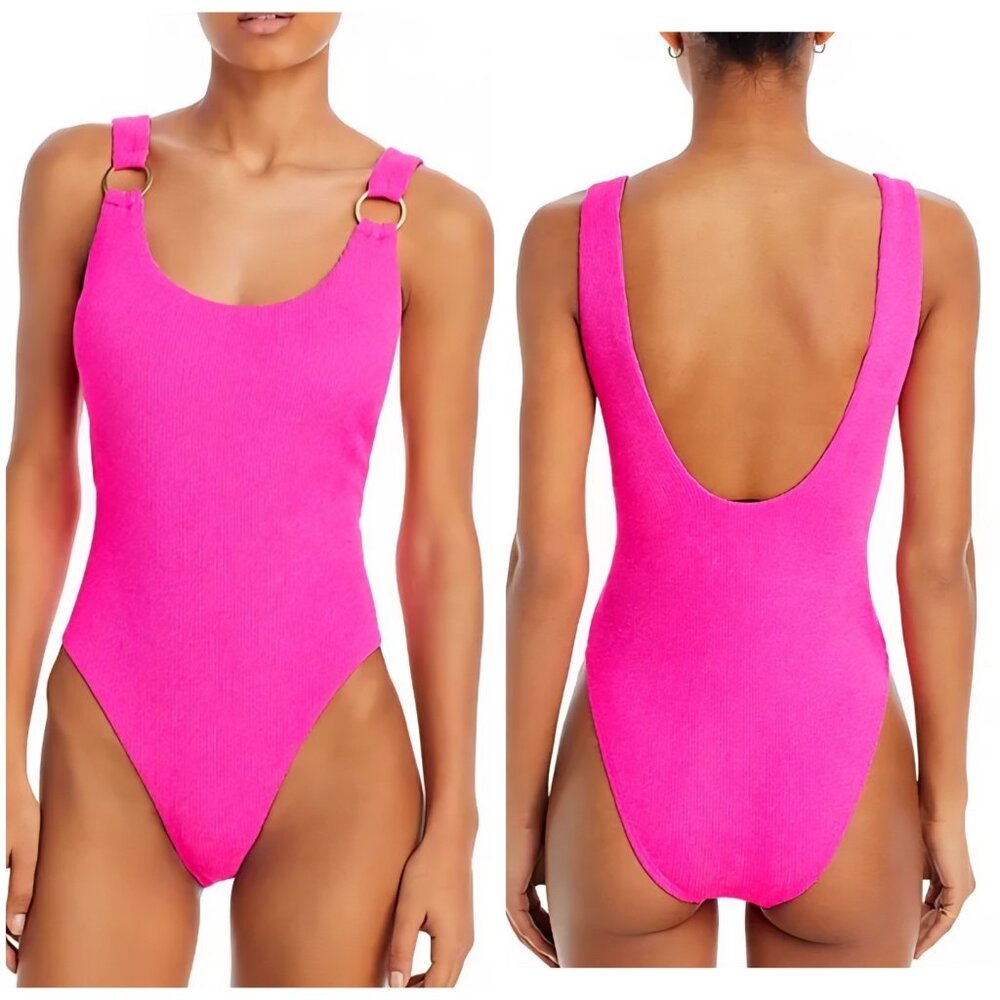 NWT Aqua Swim - S O-Ring Metallic Crinkle Scoop Neck 1 Pc Swimsuit In Hot Pink